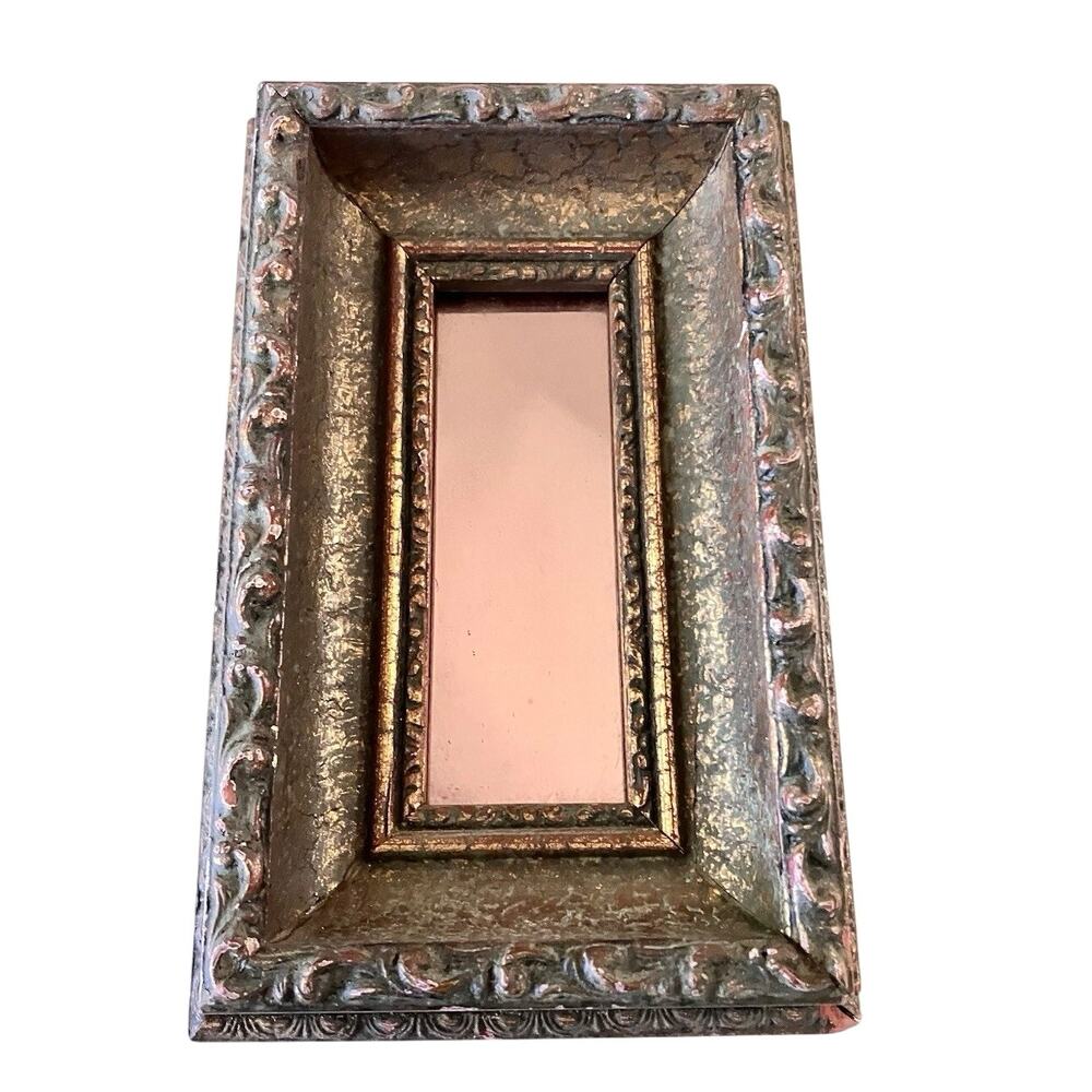 Vtg Italian Baroque Mini Gilt Mirror Deep Set Rose Tinted Glass Gesso Wood 8"